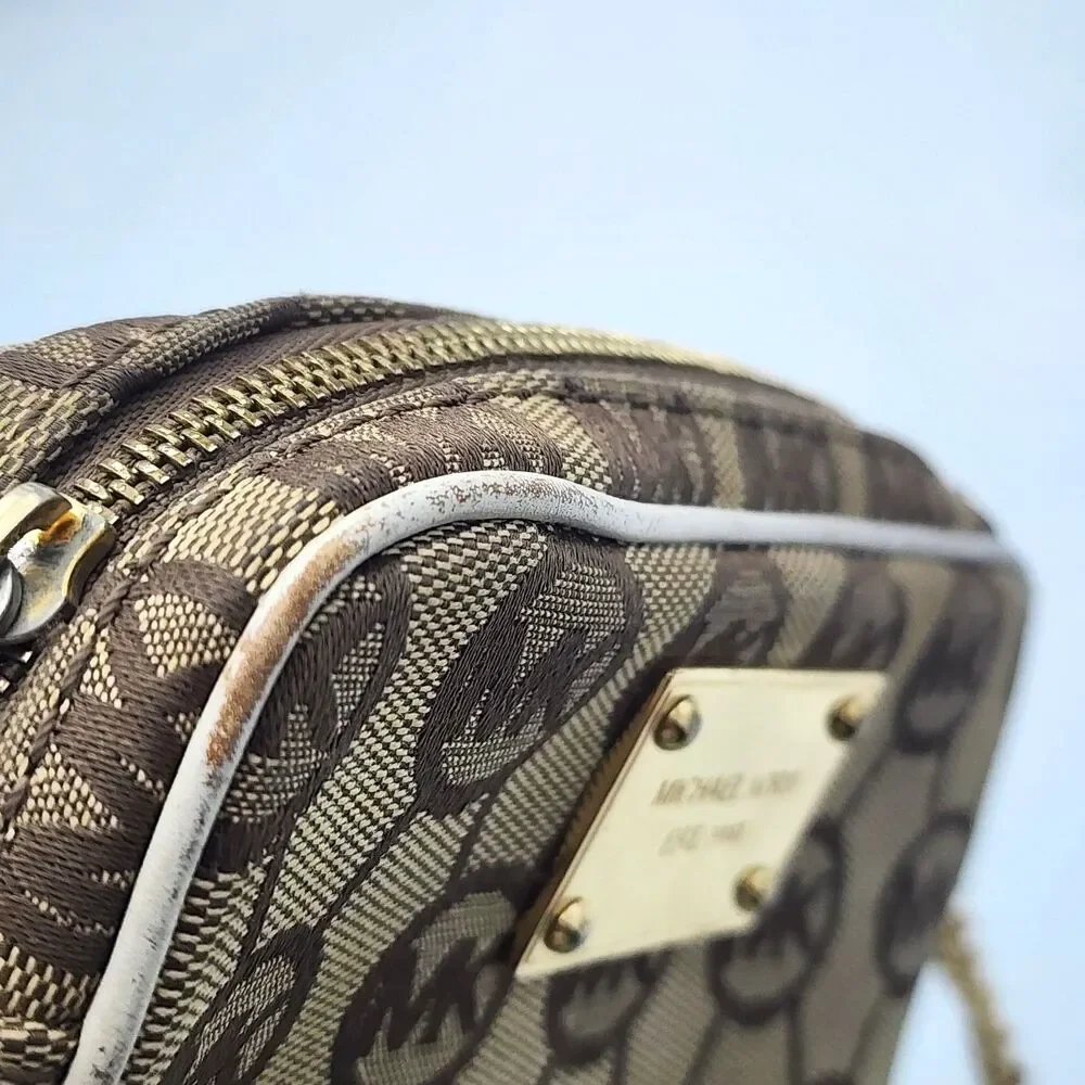 Michael Kors Monogram Jacquard MK Leather Trim Small Crossbody Bag Tan Brown